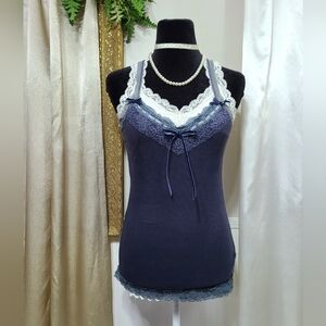 ♡ Y2K ♡ Abercrombie Navy Blue Lace Babydoll Cami Ribbon Bow Tank Top